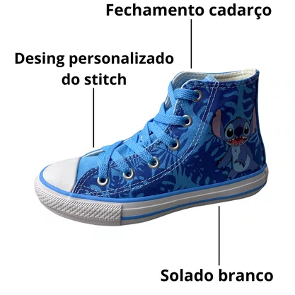 All Star Stich Azul Branco Fechamento Cadarço 