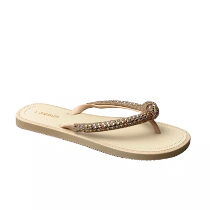 Chinelo L´amour Feminino Bege Tira Cravejada 