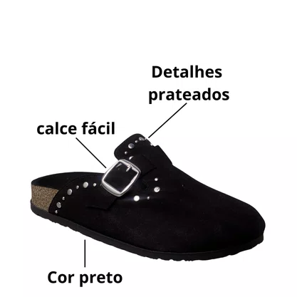 Mule Beira Rio Feminino Preto Ferragens Prateada 