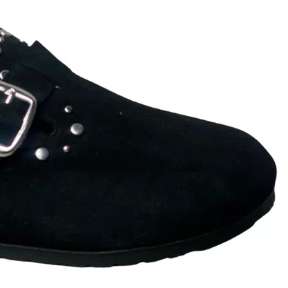 Mule Beira Rio Feminino Preto Ferragens Prateada 