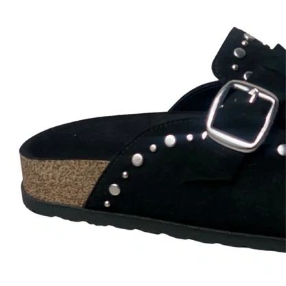Mule Beira Rio Feminino Preto Ferragens Prateada 