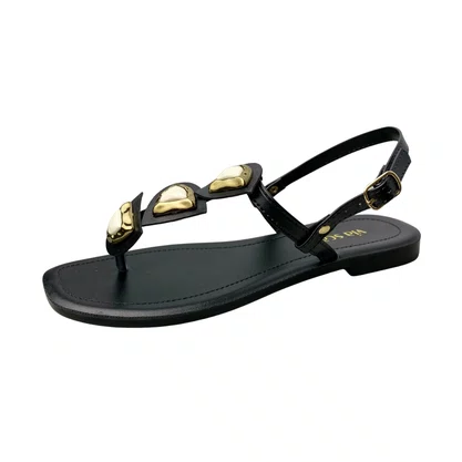 Rasteirinha Via Scarpa Feminina Preta Ferragens Douradas