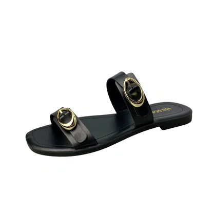 Rasteirinha Via Scarpa Feminino Preto Fivelas Douradas