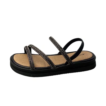 Sandália Flat Mississipi Feminina Preto Tira Cravejada 