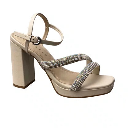 Sandália Ramarim Feminina Off White Tira Cravejada 