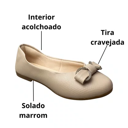Sapatilha Kidy Infantil Feminina Marfim Laço Cravejado 