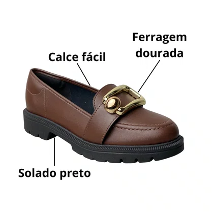 Sapato Beira Rio Feminino Conhaque Ferragem Dourada 