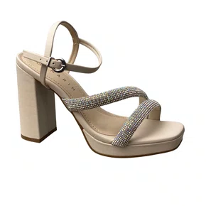 Sandália Ramarim Feminina Off White Tira Cravejada 