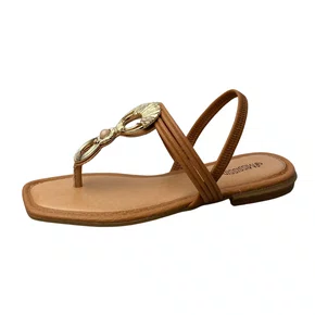 Sandália Rasteira Mississipi Feminina Camel Ferragem Dourada 