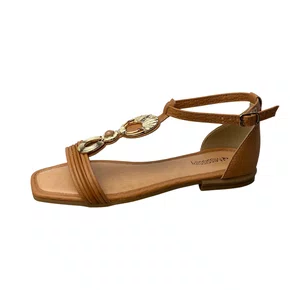 Sandália Rasteirinha Mississipi Feminina Camel Ferragem Dourada 