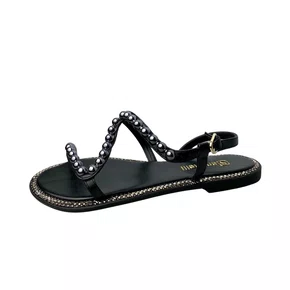 Sandália Rasteirinha Santinelli Feminina Preta Cravejada 