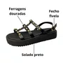Sandália Flat Moleca Feminina Preto Ferragens Douradas 